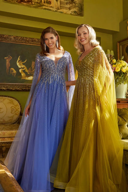 Sparkle Beads Embellished Bodice V Neck Mesh Gown With Mesh Cape Sleeve