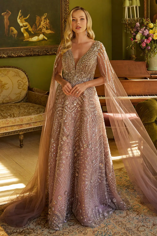 Shimmering Beads And Sequin Embellished V Neck A Line Gown With Cape Mesh Sleeve