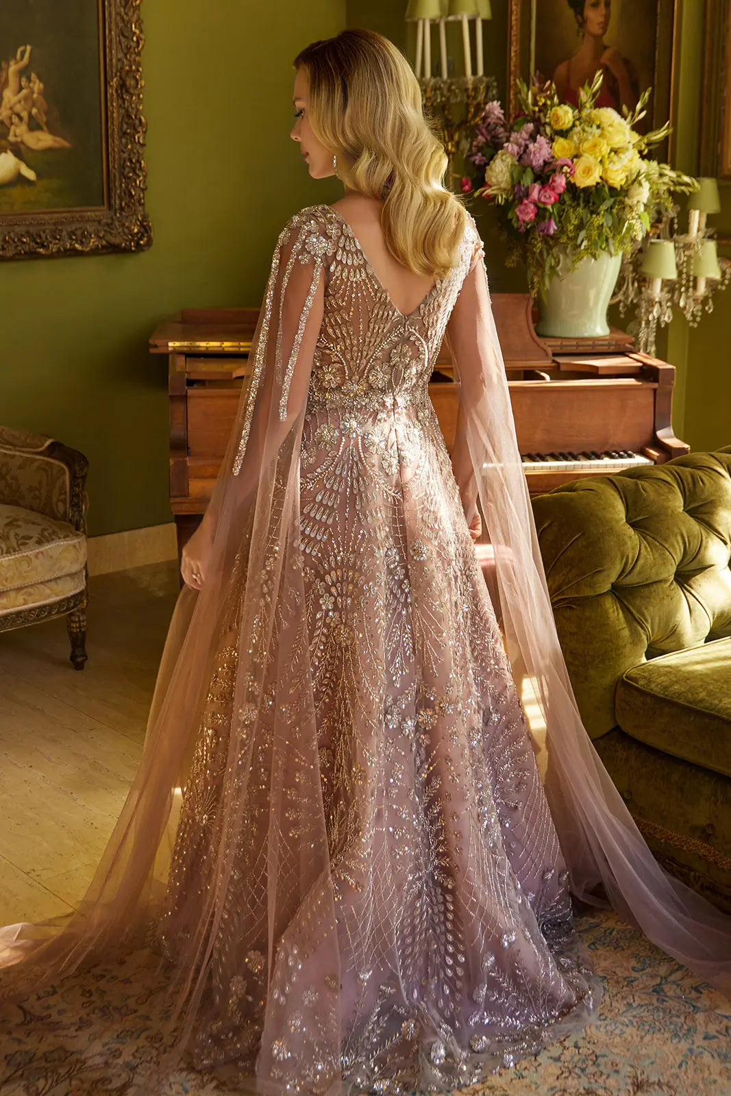 Shimmering Beads And Sequin Embellished V Neck A Line Gown With Cape Mesh Sleeve