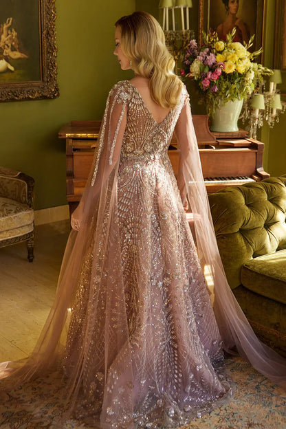 Shimmering Beads And Sequin Embellished V Neck A Line Gown With Cape Mesh Sleeve