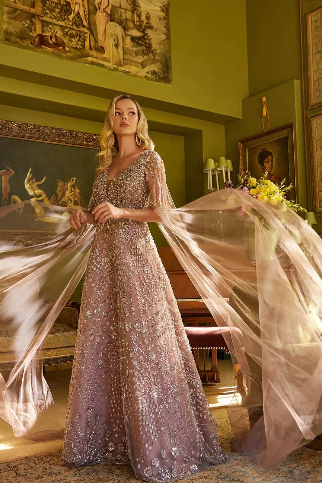 Shimmering Beads And Sequin Embellished V Neck A Line Gown With Cape Mesh Sleeve