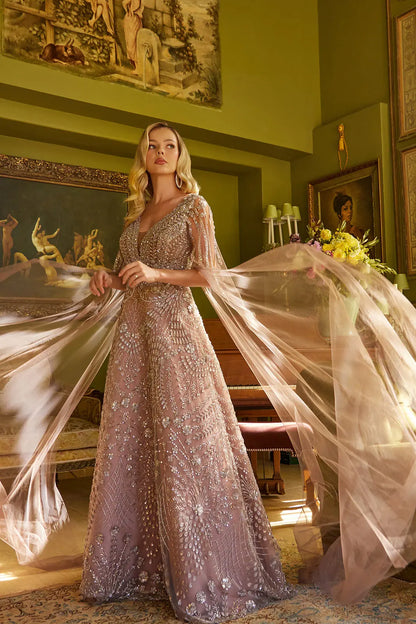 Shimmering Beads And Sequin Embellished V Neck A Line Gown With Cape Mesh Sleeve