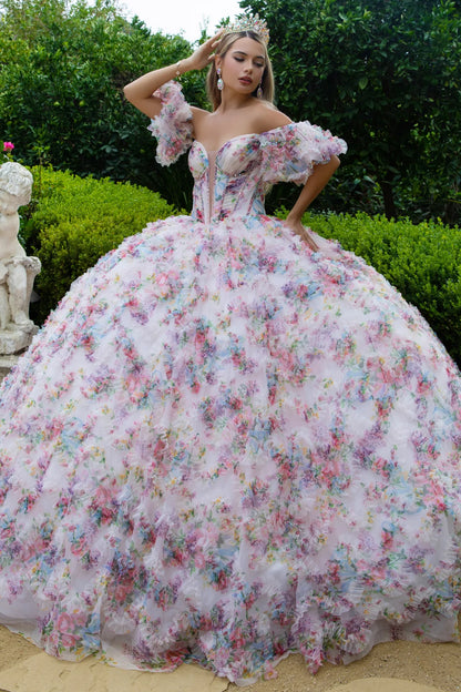 Embellished Corset Pleated Bodice Ruffle Detail Printed Mesh Skirt With Detachable Puff Sleeves