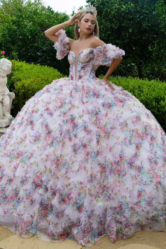 Embellished Corset Pleated Bodice Ruffle Detail Printed Mesh Skirt With Detachable Puff Sleeves