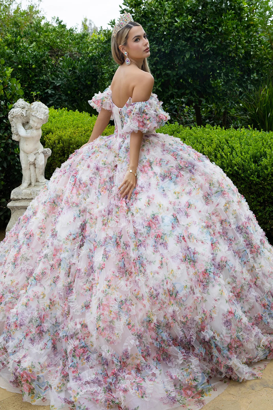 Embellished Corset Pleated Bodice Ruffle Detail Printed Mesh Skirt With Detachable Puff Sleeves