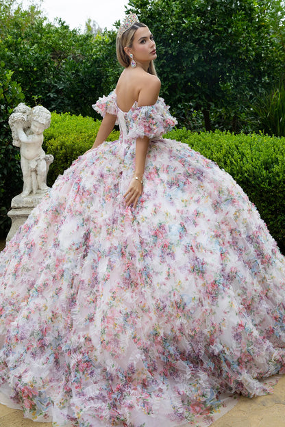 Embellished Corset Pleated Bodice Ruffle Detail Printed Mesh Skirt With Detachable Puff Sleeves