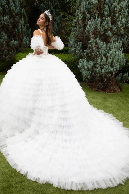 3d Butterfly Flower Applique Embellished Tiered Ruffle Train Cold Shoulder W Detachable Puff Sleeve