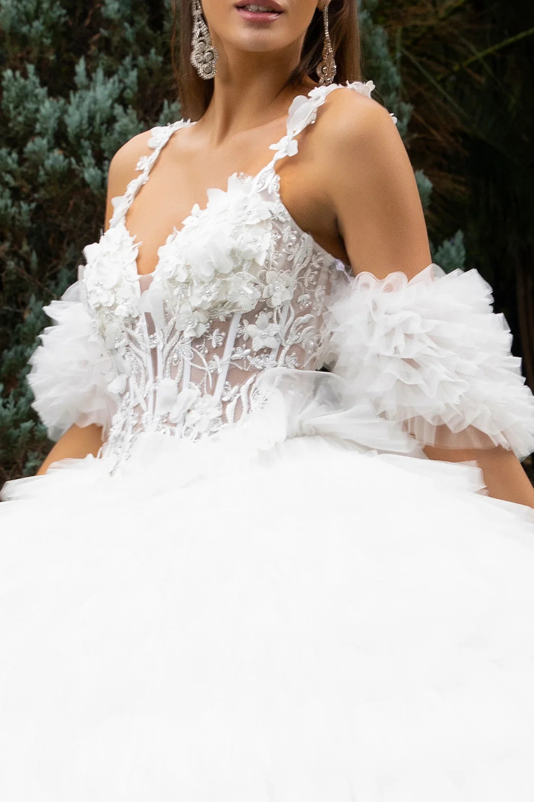 3d Butterfly Flower Applique Embellished Tiered Ruffle Train Cold Shoulder W Detachable Puff Sleeve