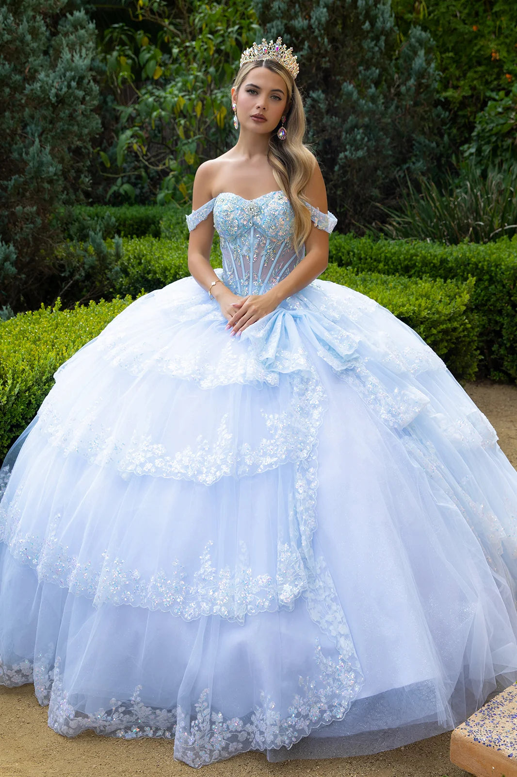 Embellished Corset Train Scallop Hem Ruffle Layer Dress With Front Bow Detail