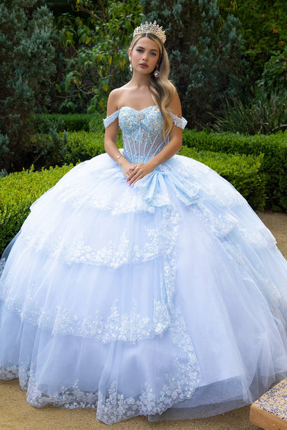 Embellished Corset Train Scallop Hem Ruffle Layer Dress With Front Bow Detail