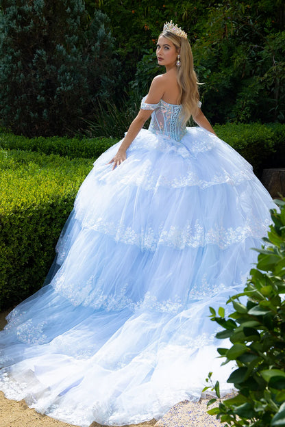Embellished Corset Train Scallop Hem Ruffle Layer Dress With Front Bow Detail