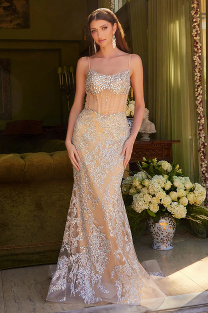 Embellished Boat Neckline Spaghetti Strap Lace Up Back Corset Mermaid Dress With Stiff Hem