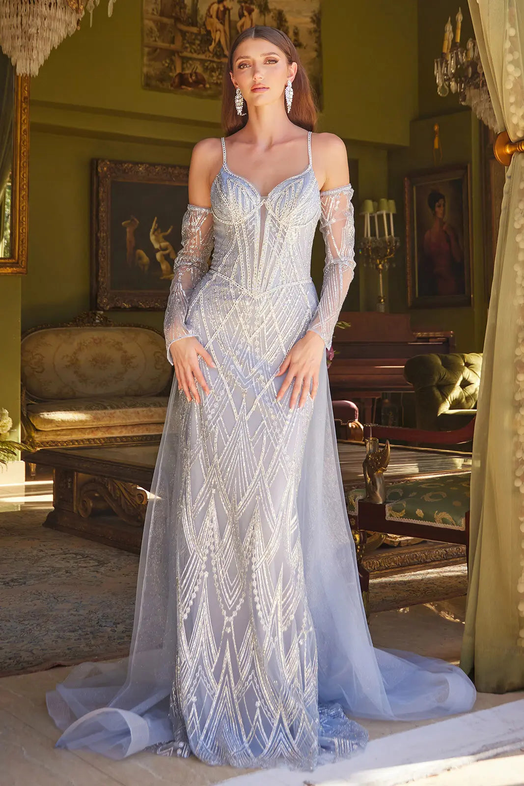 Embellished Lace Up Back Spaghetti Strap Corset Dress With Detachable Tulle Stiff Hem Overskirt