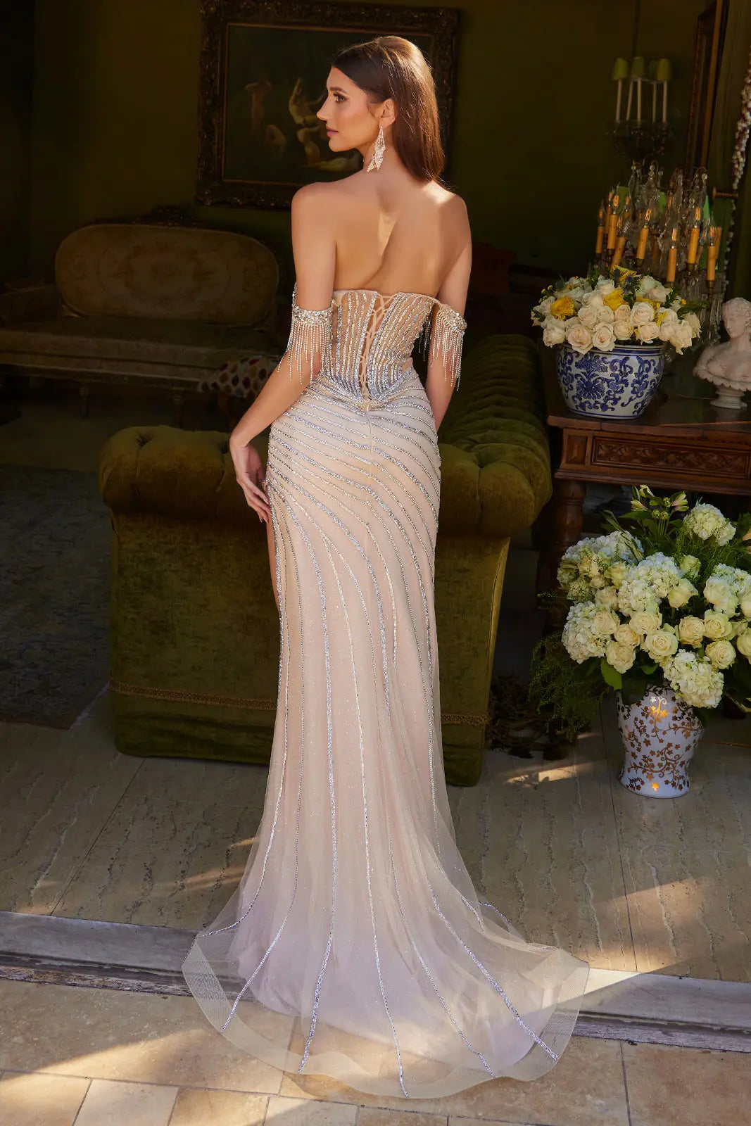 Embellished Jewel Fringe Off Shoulder Strap Lace Up Corset Bejeweled Stiff Hem Skirt Dress With Slit