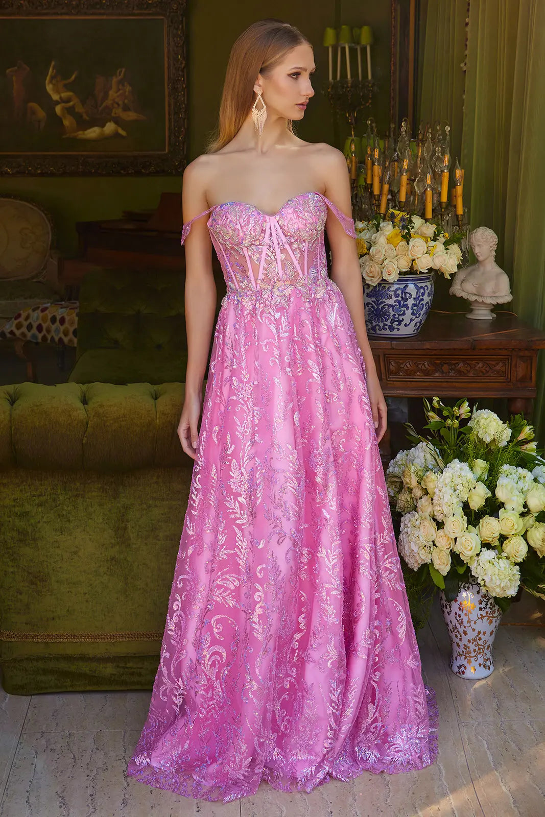 Bead Sequin Glitter Embellished Off Shoulder Lace Up Back Sweetheart Neckline Corset Dress With Slit