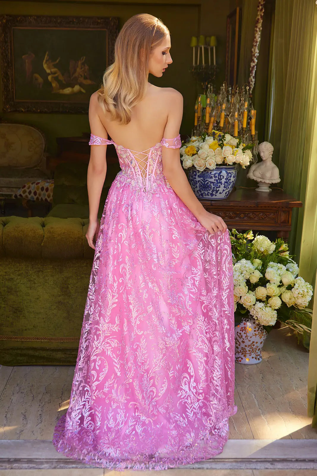 Bead Sequin Glitter Embellished Off Shoulder Lace Up Back Sweetheart Neckline Corset Dress With Slit