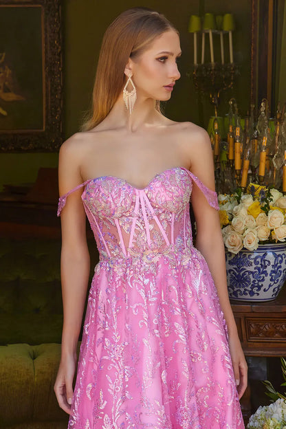 Bead Sequin Glitter Embellished Off Shoulder Lace Up Back Sweetheart Neckline Corset Dress With Slit