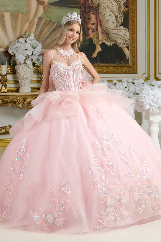 Layered Ruffle Waist Cascading Back Ball Gown W Matching Loop Beaded Choker And Detachable Cape