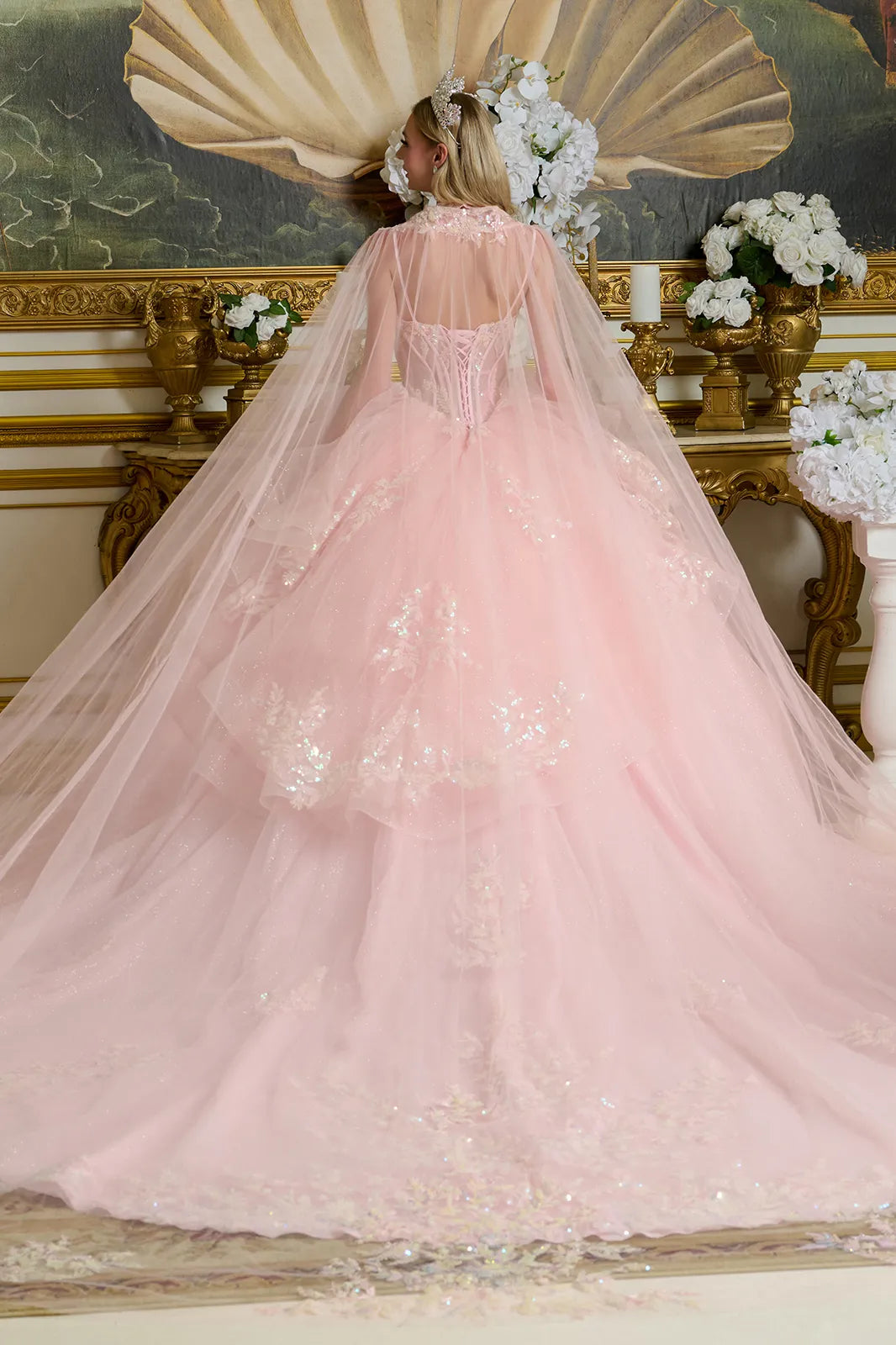 Layered Ruffle Waist Cascading Back Ball Gown W Matching Loop Beaded Choker And Detachable Cape