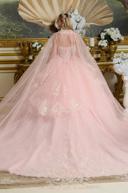 Layered Ruffle Waist Cascading Back Ball Gown W Matching Loop Beaded Choker And Detachable Cape