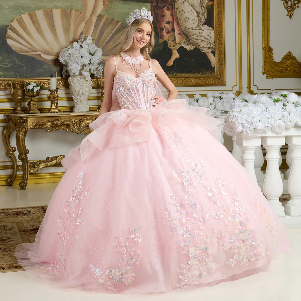 Layered Ruffle Waist Cascading Back Ball Gown W Matching Loop Beaded Choker And Detachable Cape