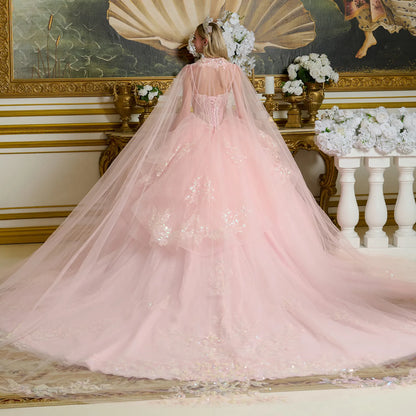 Layered Ruffle Waist Cascading Back Ball Gown W Matching Loop Beaded Choker And Detachable Cape