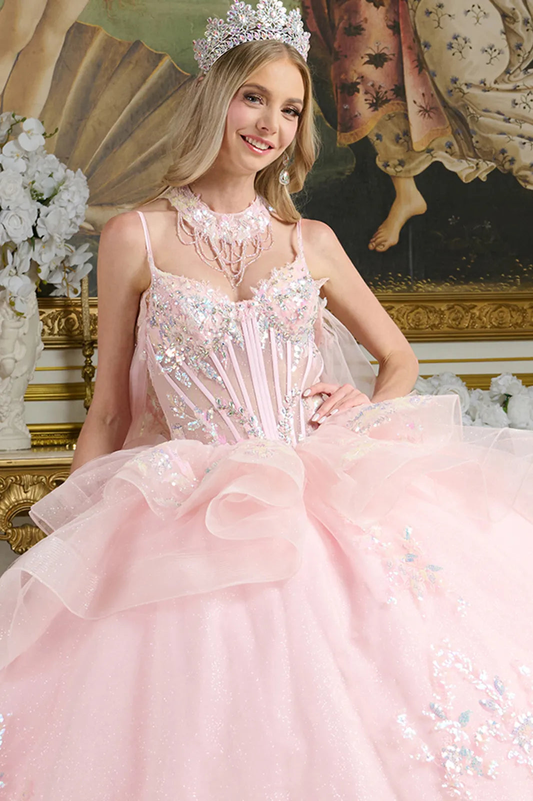 Layered Ruffle Waist Cascading Back Ball Gown W Matching Loop Beaded Choker And Detachable Cape