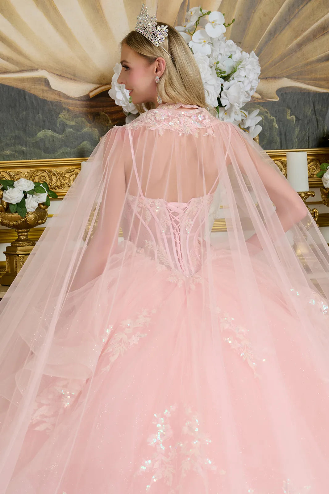 Layered Ruffle Waist Cascading Back Ball Gown W Matching Loop Beaded Choker And Detachable Cape