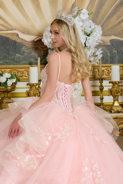 Layered Ruffle Waist Cascading Back Ball Gown W Matching Loop Beaded Choker And Detachable Cape
