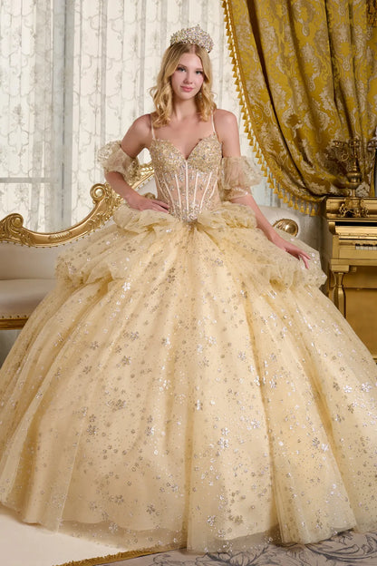 Spaghetti Strap Detached Puff Sleeves Layered Bubble Hem Ball Gown W Detachable Back Bow