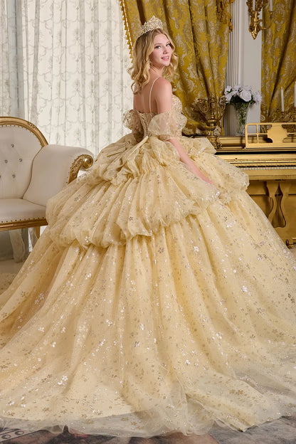 Spaghetti Strap Detached Puff Sleeves Layered Bubble Hem Ball Gown W Detachable Back Bow