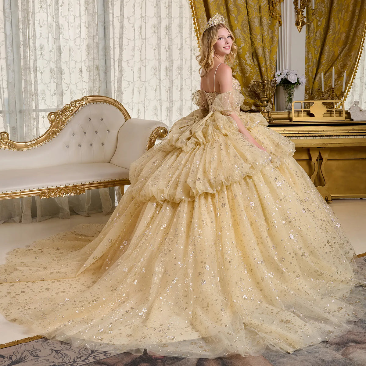 Spaghetti Strap Detached Puff Sleeves Layered Bubble Hem Ball Gown W Detachable Back Bow