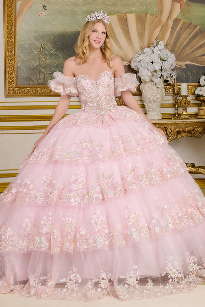 Tiered Layer Scallop Edge Bejeweled Corset Detached Ruffle Layer Off Shoulder Sleeves Ball Gown