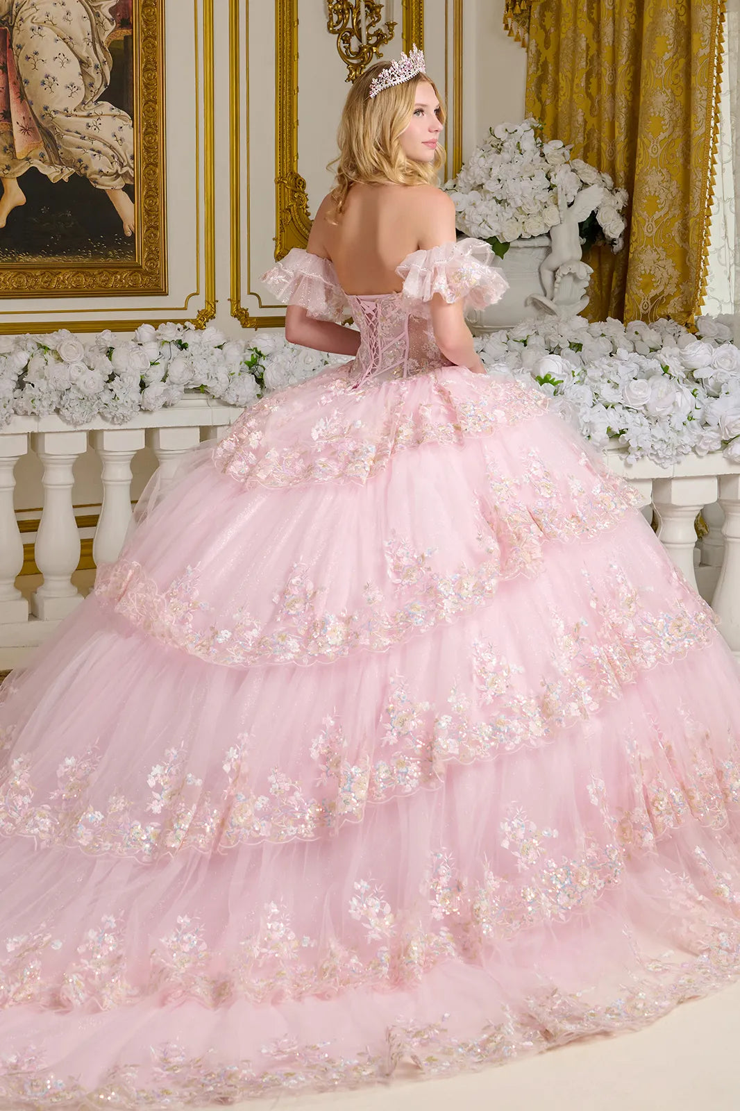 Tiered Layer Scallop Edge Bejeweled Corset Detached Ruffle Layer Off Shoulder Sleeves Ball Gown