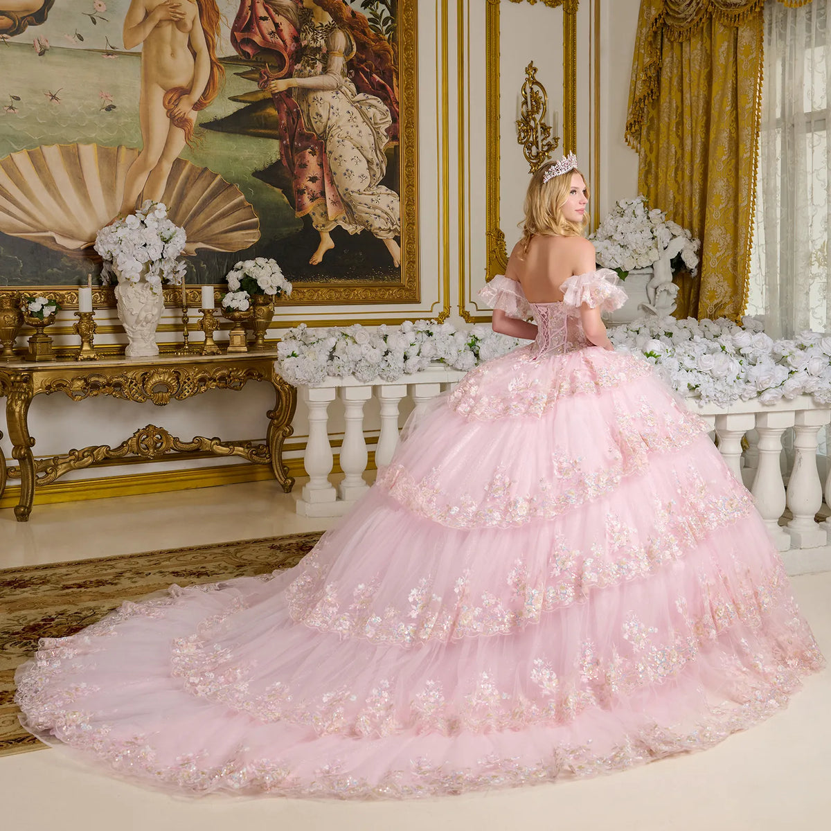 Tiered Layer Scallop Edge Bejeweled Corset Detached Ruffle Layer Off Shoulder Sleeves Ball Gown