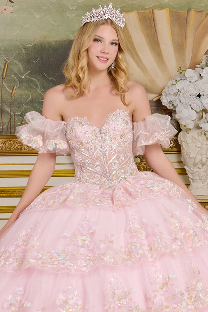 Tiered Layer Scallop Edge Bejeweled Corset Detached Ruffle Layer Off Shoulder Sleeves Ball Gown