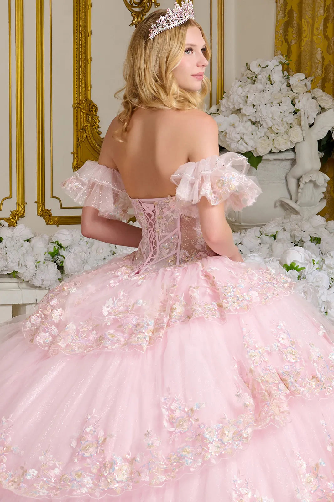 Tiered Layer Scallop Edge Bejeweled Corset Detached Ruffle Layer Off Shoulder Sleeves Ball Gown