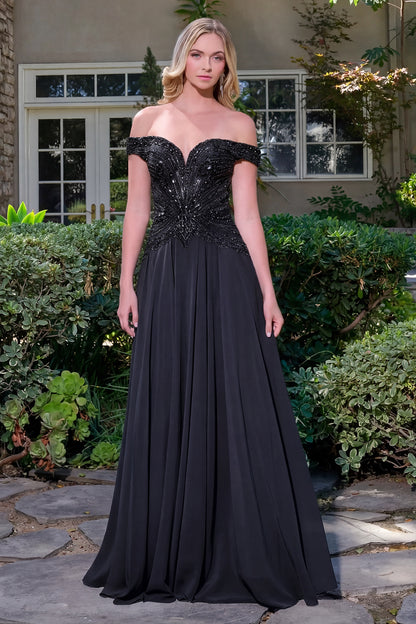 Off Shoulder Straps V Neckline Bejeweled Bodice Chiffon Skirt A Line Zipper Dress