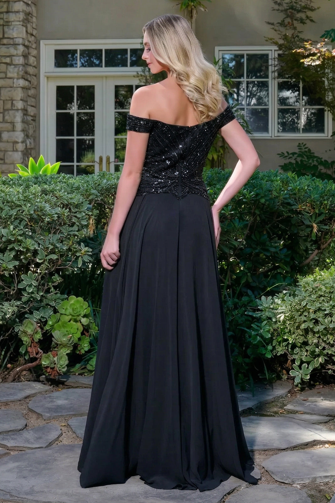 Off Shoulder Straps V Neckline Bejeweled Bodice Chiffon Skirt A Line Zipper Dress