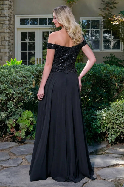 Off Shoulder Straps V Neckline Bejeweled Bodice Chiffon Skirt A Line Zipper Dress