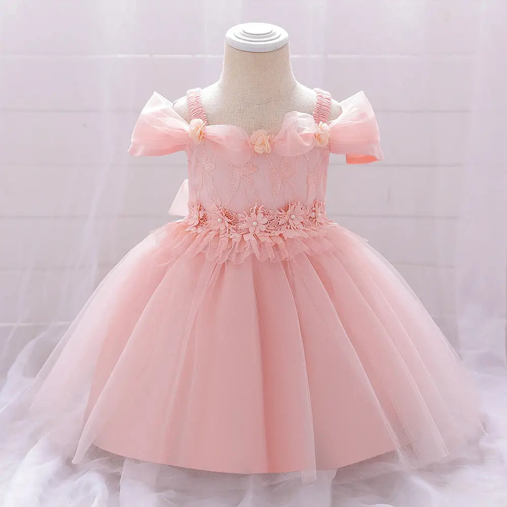 Newborn Baby Girl Birthday Baptism Dress One Shoulder Puff Sleeves Princess Dress