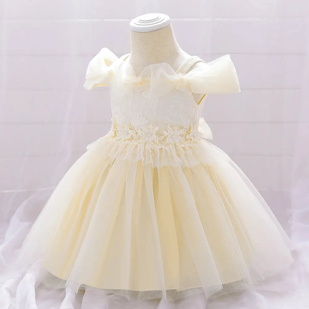 Newborn Baby Girl Birthday Baptism Dress One Shoulder Puff Sleeves Princess Dress