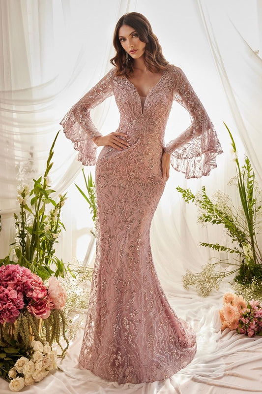 Flared Long Sleeve Mermaid Gown