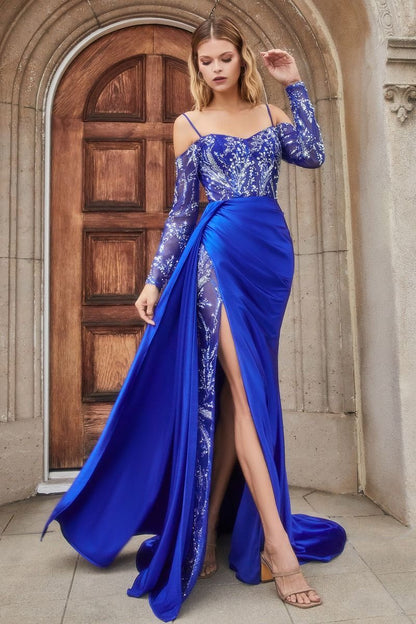 Long Sleeve Beaded Corset Gown With Satin Skirt