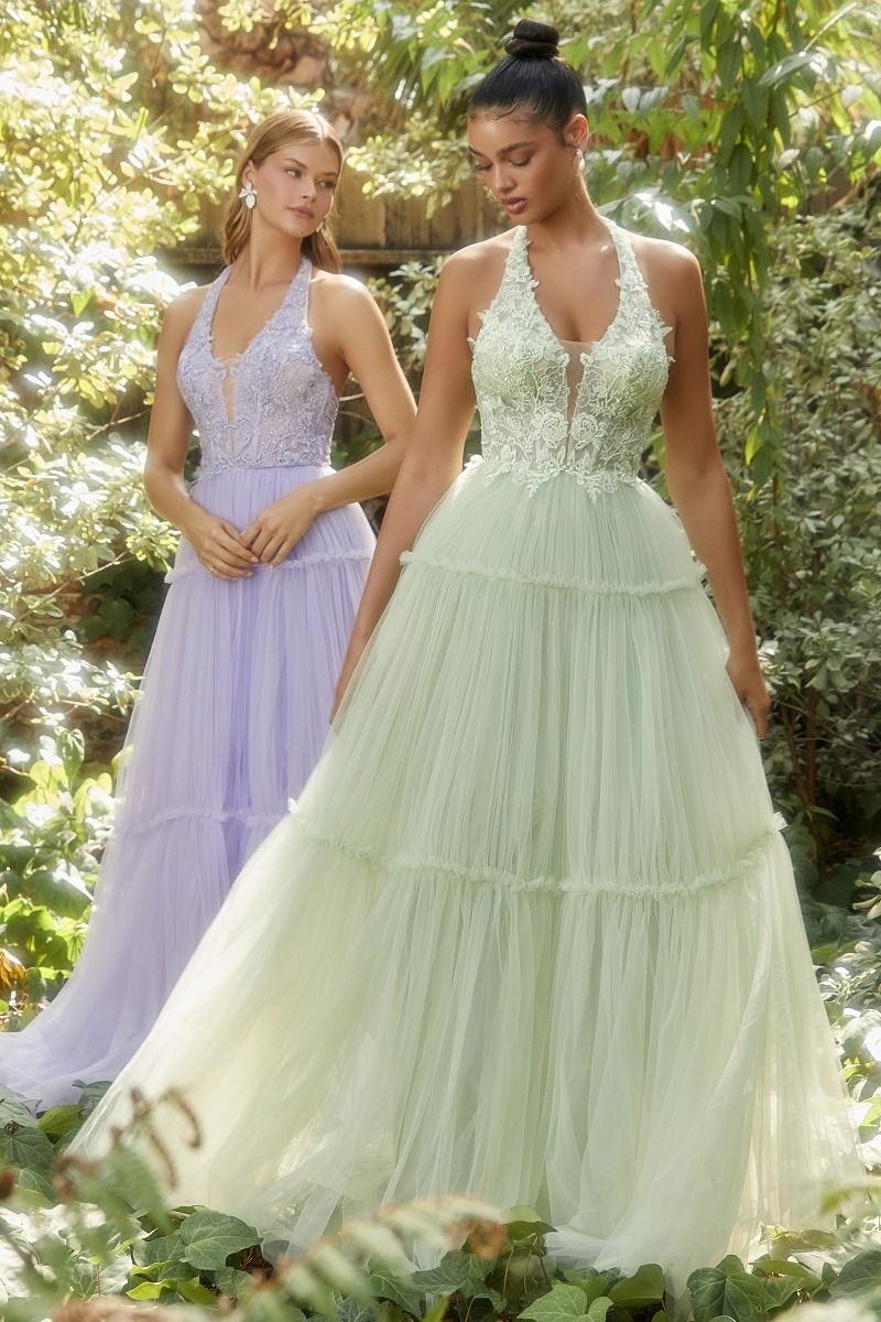 Garden Lace Halter Gown With Tier Skirt