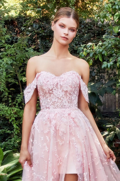 Off Shoulder Bouquet Lace Gown With Short Skirt