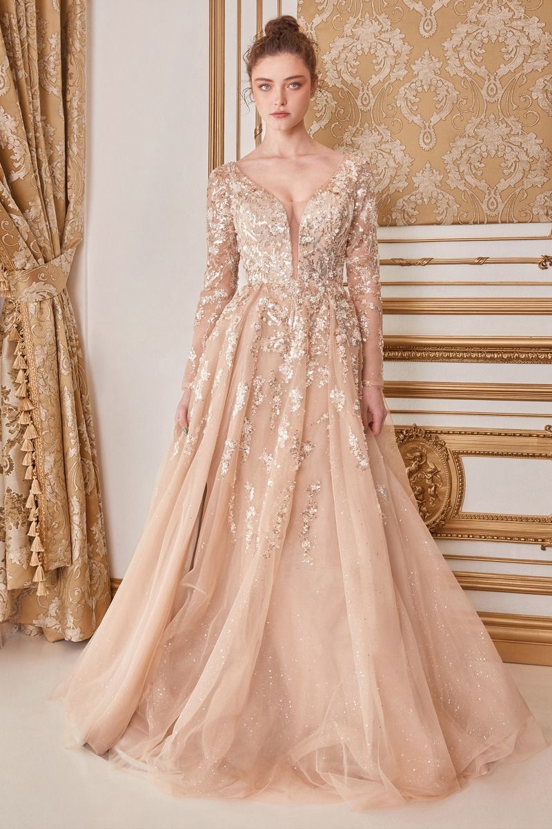 Champagne Long Sleeve Beaded A-Line Gown