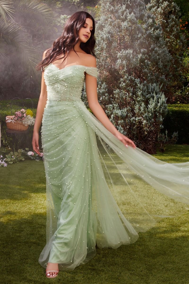 Pearl Pleated Tulle Gown With Cape