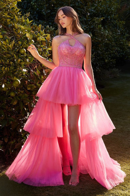 High Low Halter Beaded Ball Gown