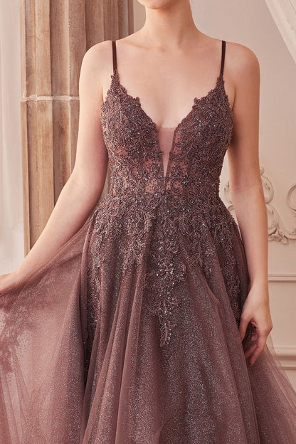 Lace Embellished A-Line Layered Tulle Gown